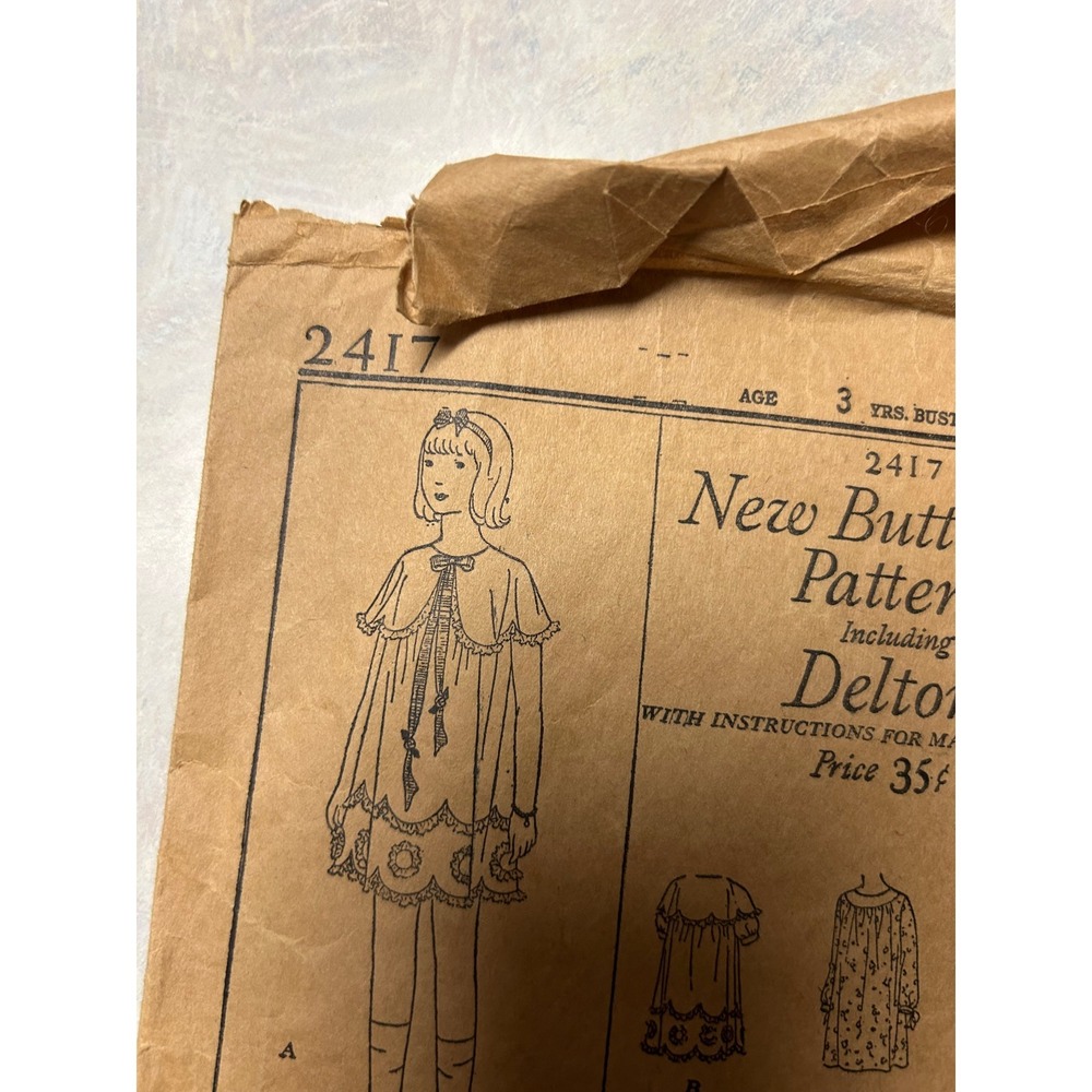 Vintage 1920's Butterick Pattern #2417 Little Girls Slip-Over Frock Size 3 Years